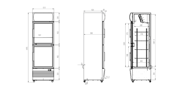Rasonic 玻璃門雪櫃|1°C–10°C |370L 容量 |樂信牌 RCN-BDW6601 - 富達廚具 RCN-BDW6601 Technical Drawing