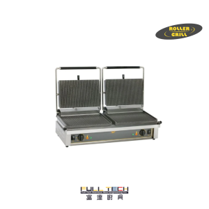 富達廚具提供專業商用 Double Panini 雙頭揭蓋式電熱坑紋扒爐 (Contact Grill)。配備2x3KW大功率及獨立控溫，坑紋設計完美壓烤意式三文治及肉類。專為香港Cafe、茶餐廳及快餐店而設，全港現貨批發及工程售後服務。